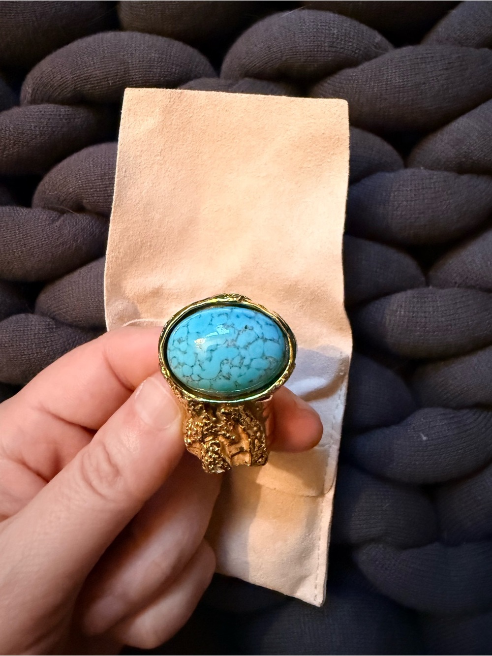 Yves Saint Laurent YSL Arty Turquoise Cabochon Statement 24KT Gold Ring.